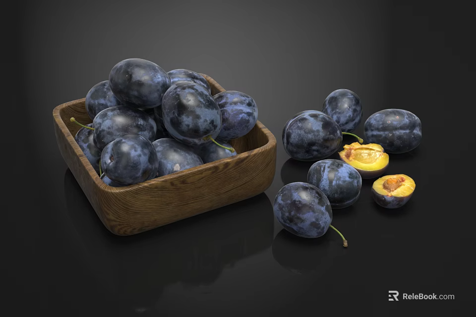 Fresh Deep Purple Plums in Wooden Bowl with Sliced Ones and Yellow Flesh 3d model 
