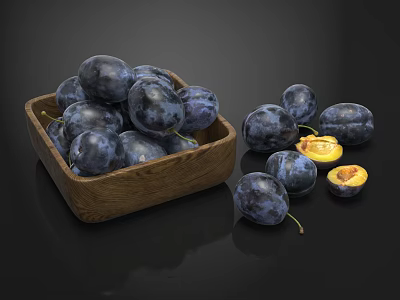 Fresh Deep Purple Plums in Wooden Bowl with Sliced Ones and Yellow Flesh 3d model