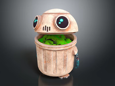 Public Facility Robot Design Trash Can With Open Top And Green Waste Inside 3d model