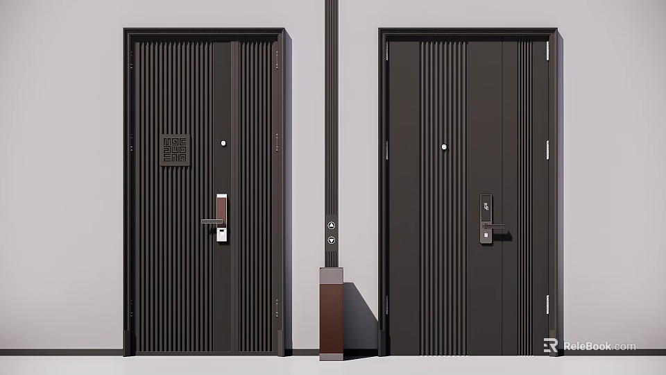 Modern Black Parent Child Doors With Vertical Stripes And Metal Door Locks 3d model 