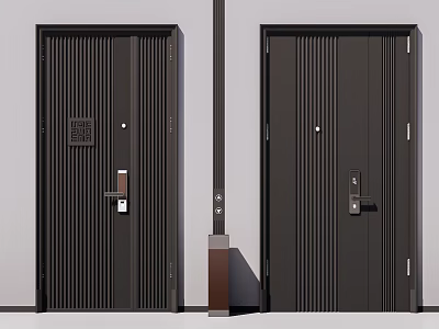 Modern Black Parent Child Doors With Vertical Stripes And Metal Door Locks 3d model