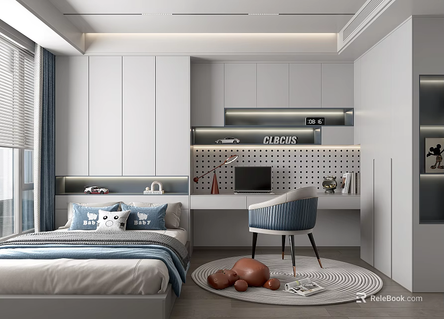 Modern Kids Room Interior With Bed Desk Chair Cabinets Polka Dot Wall Toys And Rug 3d model 