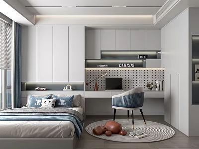 Modern Kids Room Interior With Bed Desk Chair Cabinets Polka Dot Wall Toys And Rug 3d model