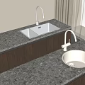 Elegant Kitchen Sink with Granite Countertop Modern Faucet Dark Wooden Cabinets and Curtains