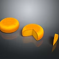 Round Yellow Cheese with Sliced Piece and Small Cut Portion on Dark Surface 3d model