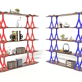 Modern Multi Tier Storage Shelf With Brown Shelves Red Supports And Decorative Boxes