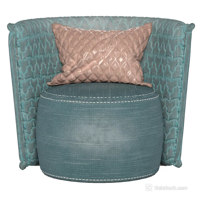 Modern Teal Single-seater Sofa With Textured Fabric And Brown Diamond-patterned Cushion 3d model 