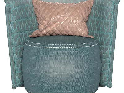 Modern Teal Single-seater Sofa With Textured Fabric And Brown Diamond-patterned Cushion 3d model