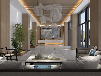 Modern Hotel Lobby Design With Reception Desk Sofa Seating Decorative Chandelier And Green Plants 3d model
