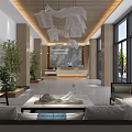 Modern Hotel Lobby Design With Reception Desk Sofa Seating Decorative Chandelier And Green Plants