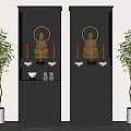 Black Cabinets With Golden Buddha Statues Halos Red Candles White Bowls And Flanking Potted Trees