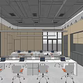Modern Office Interior With Open Space White Desks Orange Chairs And Large Windows