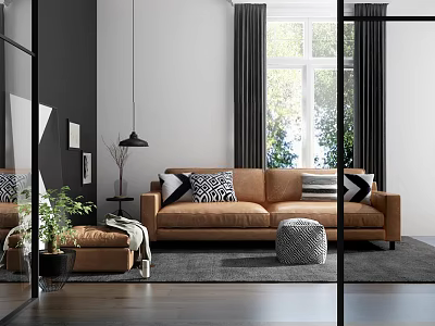 Modern Brown Sofa Set With Decorative Pillows Ottoman Dark Curtains And Green Plants By Window 3d model