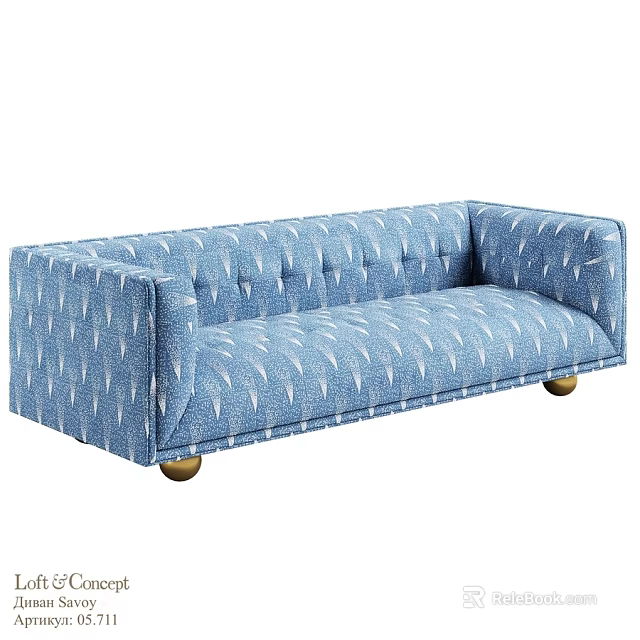 Blue Patterned Two Seater Sofa With Tufted Design And Gold Brass Legs 3d model 