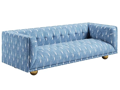 Blue Patterned Two Seater Sofa With Tufted Design And Gold Brass Legs 3d model
