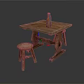 Rustic Wooden Table With Matching Stool And Decorative Glass Bottle 3d model