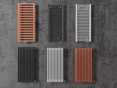 Modern Heating Radiators in Various Styles and Colors with Metallic and Wooden Finishes for Interior 3d model