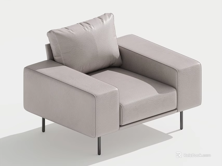 Modern Minimalist Light Gray Leather Single Sofa with Armrest and Black Thin Legs 3d model
