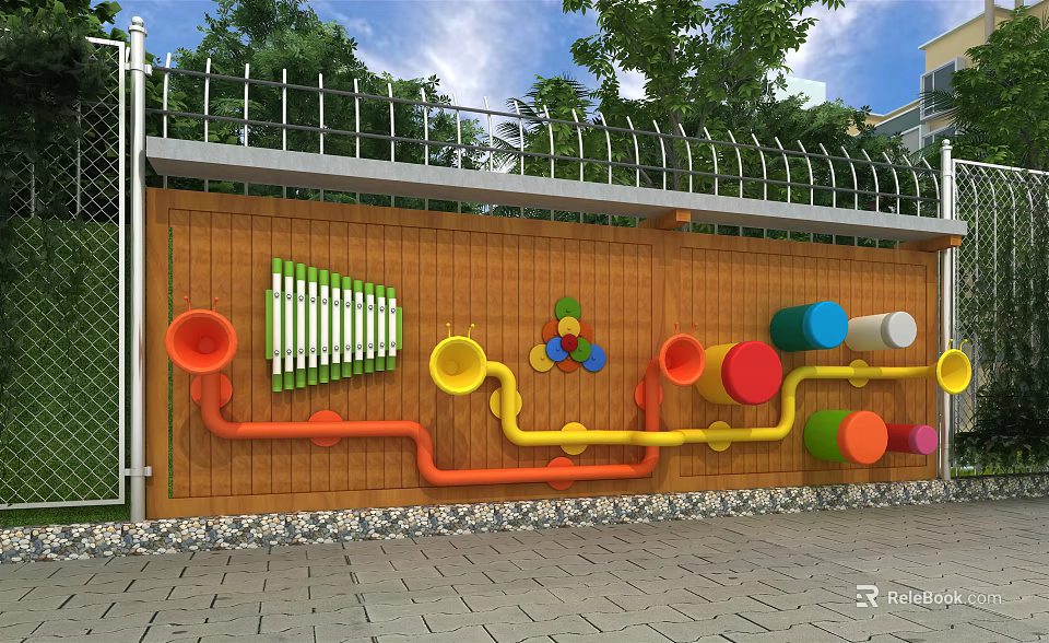 Playful Wooden Feature Wall With Colorful Pipes And Circular Decorations 3d model 