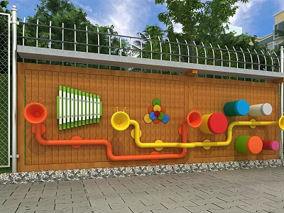 Playful Wooden Feature Wall With Colorful Pipes And Circular Decorations 3d model