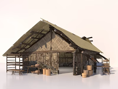 Rustic Log Cabin Exterior With Thatched Roof Wooden Frames Barrels Shelves And Bench 3d model