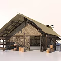 Rustic Log Cabin Exterior With Thatched Roof Wooden Frames Barrels Shelves And Bench