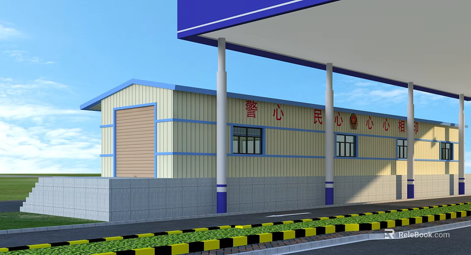 Yellow And Blue Public Service Station With Columns Windows Green Belt And Warning Stripes 3d model 