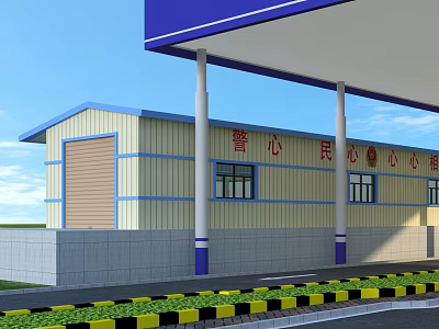 Yellow And Blue Public Service Station With Columns Windows Green Belt And Warning Stripes 3d model