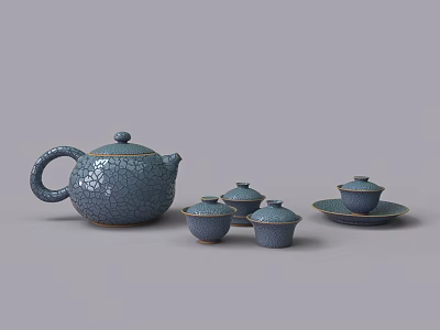 Elegant Blue Crackle Texture Tea Set With Teapot Cups And Saucers 3d model
