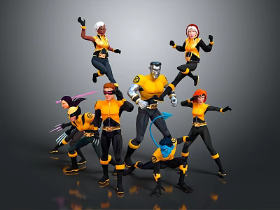 Group Of Dynamic Team Characters In Yellow And Black Uniforms With Action Poses 3d model