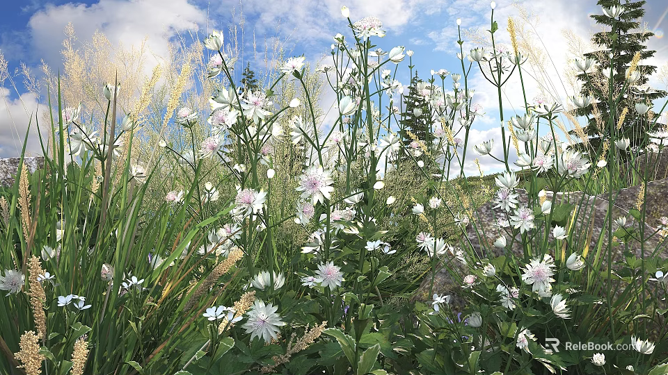 Outdoor Garden Shrubs With White Flowers And Green Leaves In Natural Landscape 3d model 