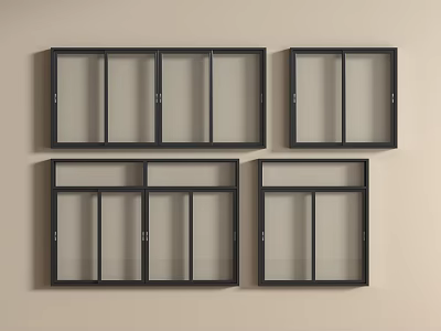 Four Black Framed Window Units with Different Styles on Beige Wall 3d model
