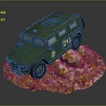 Green Military Vehicle Model with Numbered 1043 Insignia on Rocky Base and Fallen Leaves