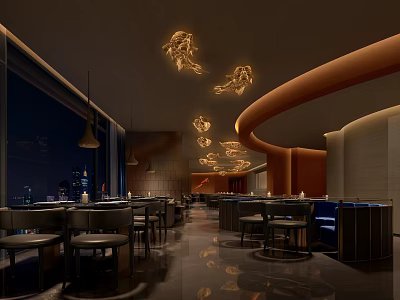 Modern Elegant Restaurant Interior With Golden Fish Pendant Lights Curved Walls And Night City View 3d model