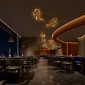 Modern Elegant Restaurant Interior With Golden Fish Pendant Lights Curved Walls And Night City View