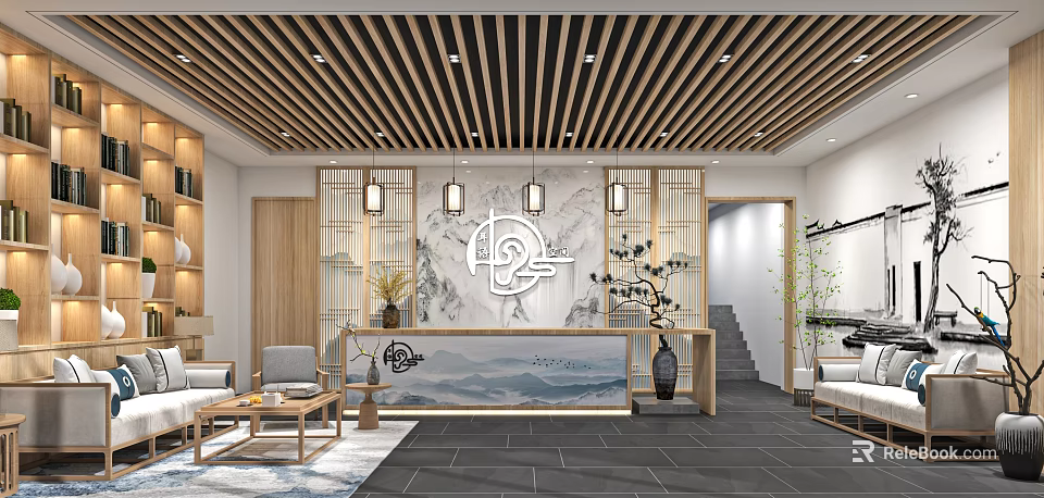 Modern Store Front Desk Interior With Wooden Ceiling Marble Wall And Decorative Plants 3d model 