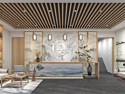 Modern Store Front Desk Interior With Wooden Ceiling Marble Wall And Decorative Plants 3d model