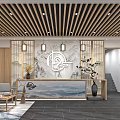 Modern Store Front Desk Interior With Wooden Ceiling Marble Wall And Decorative Plants