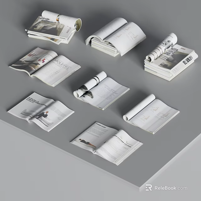 Various Open And Stacked Books Magazines Collection With Different Layouts And Pages 3d model 
