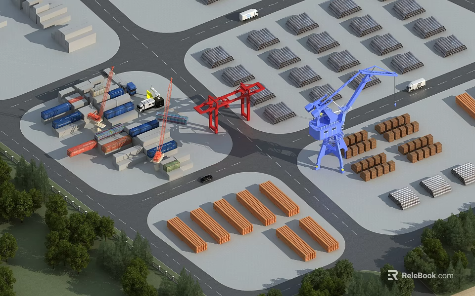 Modern Road Infrastructure with Intersection Cranes Containers Storage Areas and Green Trees 3d model 