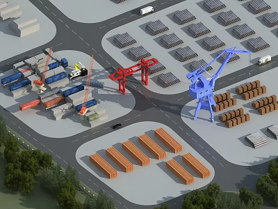 Modern Road Infrastructure with Intersection Cranes Containers Storage Areas and Green Trees 3d model