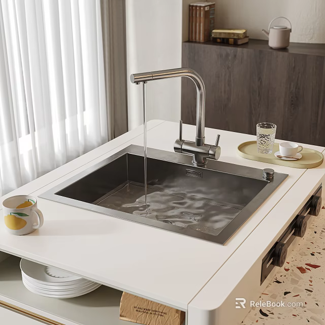 Stainless Steel Kitchen Sink with Water Flowing from Faucet on White Countertop 3d model 