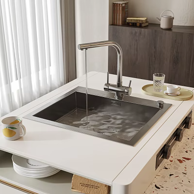 Stainless Steel Kitchen Sink with Water Flowing from Faucet on White Countertop 3d model