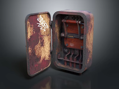 Vintage Rusty Metal Box With White Graffiti And Wooden Interior As Household Item 3d model