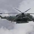 Military Helicopter Airborne in Cloudy Sky with Spinning Rotors and Aerodynamic Fuselage