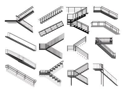 Various Staircase Designs Featuring Different Types and Railings in Architectural Plans 3d model