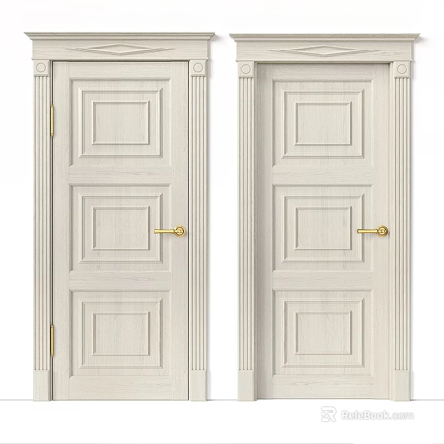 White Swing Doors With Golden Handles And Square Panel Decorative Frame 3d model