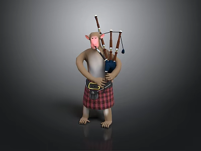 Cartoon style monkey bagpiper monkey scottish bagpipe world skills contest anthropomorphic creature 3d model