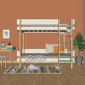 Wooden Bunk Bed In Kids Room With Orange Wall And Soft Pillows On Lower Bed