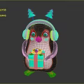 Adorable Penguin Wearing Pink Headphones With Green Christmas Trees Holding Gift Box With Pink Bow